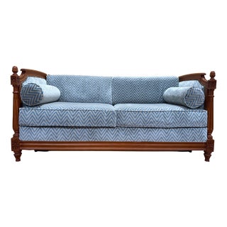 Louis XVI Style Sofa Bed in Mahogany-Stained Beechwood and Blue Velvet, 1980s For Sale
