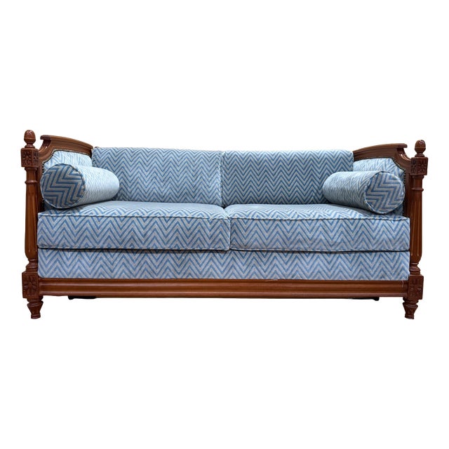 Louis XVI Style Sofa Bed in Mahogany-Stained Beechwood and Blue Velvet, 1980s For Sale