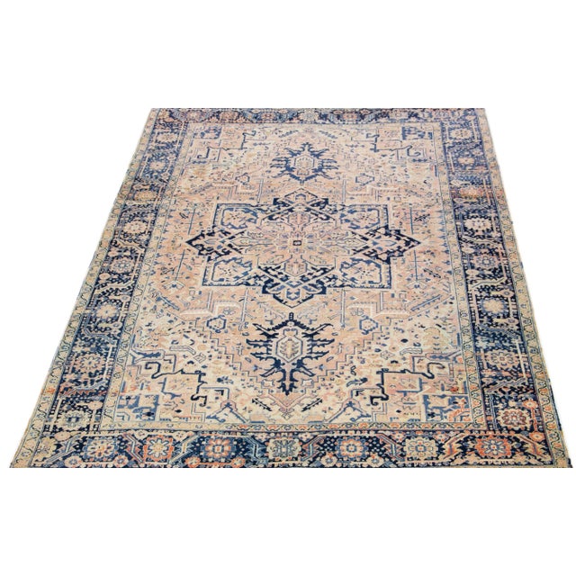 Persian 1920s Peach Antique Persian Heriz Handmade Medallion Wool Rug For Sale - Image 3 of 7