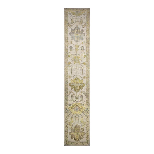21st Century Turkish Oushak Wool 3x19 Gold & Ivory Handmade Runner Rug #1144106 For Sale
