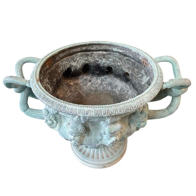 1990s Neoclassical Verdigris Bronze Warwick Style Planter With Bacchic Masks For Sale - Image 4 of 6