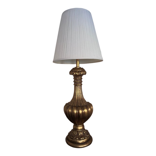 1960's Lynard of California Giltwood Urn Table Lamp With Pleated Shade - 41" Grand Scale For Sale
