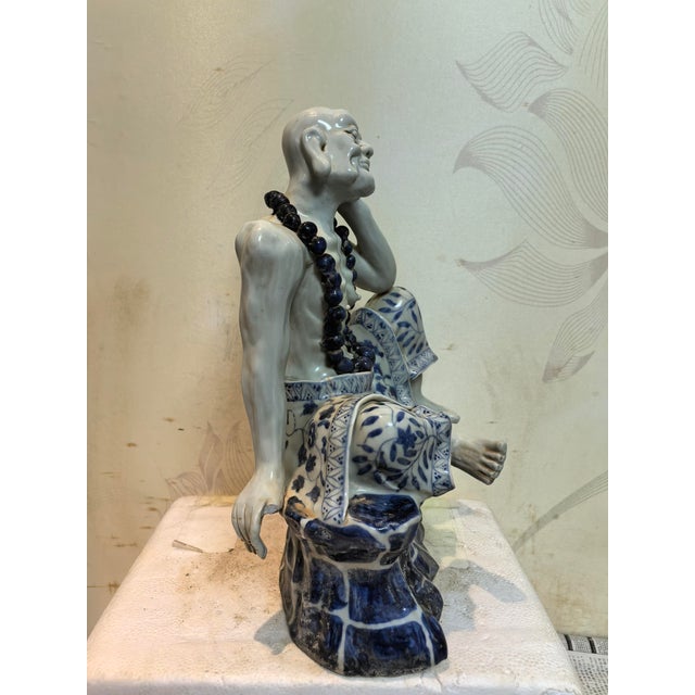 Ceramic Chinese Vintage Ceramic Buddhist Sculpture,Hand Carved Blue and White Porcelain the Eighteen Arhats Statue For Sale - Image 7 of 9