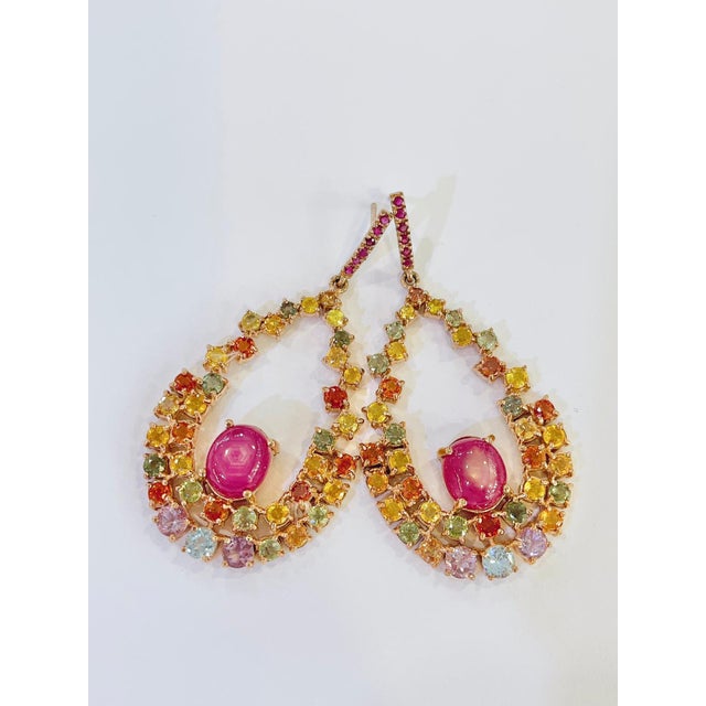 Bochic “Capri” Vintage Ruby & Multi Fancy Sapphire Earrings-18K Gold & Silver For Sale - Image 9 of 17