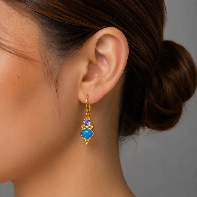 Contemporary Late 20th Century Pair of 14K Yellow Gold Blue Opal Tanzanite Dangle Drop Designer Earrings For Sale - Image 3 of 3