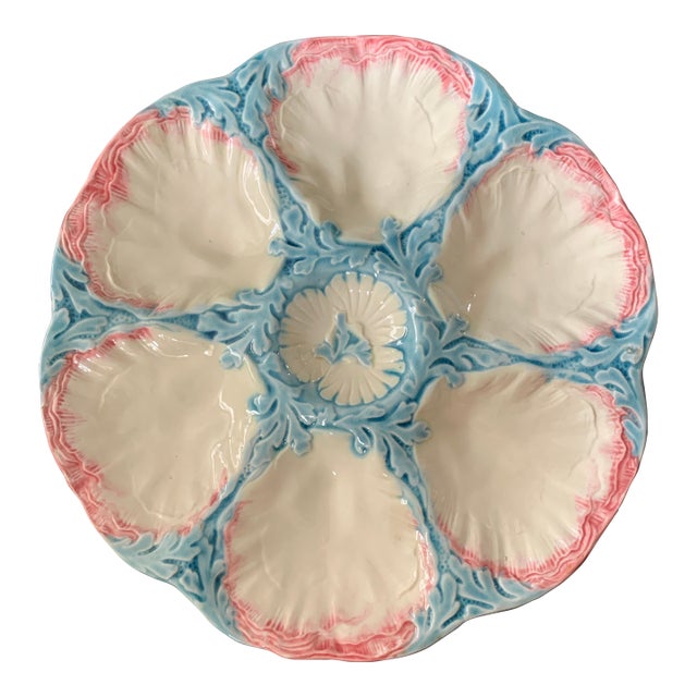 Late 19th-Century Gien Majolica Pink and Blue Oyster Plate For Sale