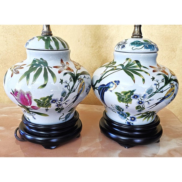 Early 21st Century Vintage Chinoiserie Porcelain Bird & Floral Table Lamps With Shades - a Pair For Sale - Image 5 of 18