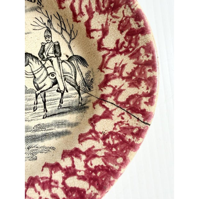 Mid 19th Century Antique Red Transfer & Sponge Ware Platter Awkward Squad/ Dragoon Guards Military For Sale - Image 5 of 11
