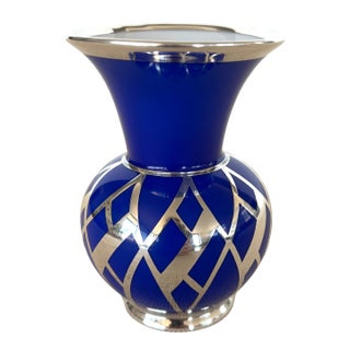 Vintage Art Deco Weimar Porcelain Cobalt Blue Silver Overlay Small Bottle Vase For Sale