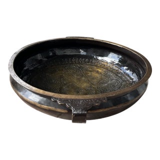 Large Brass Vintage Etched Handcrafted Indian Urli Bowl (29 Inches Long and 20lbs) For Sale