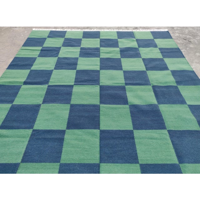 Forest Green Handmade Vegetable Dyed Woolen Checked Pattern Rug Blue and Forest Green - 8x10 For Sale - Image 8 of 11