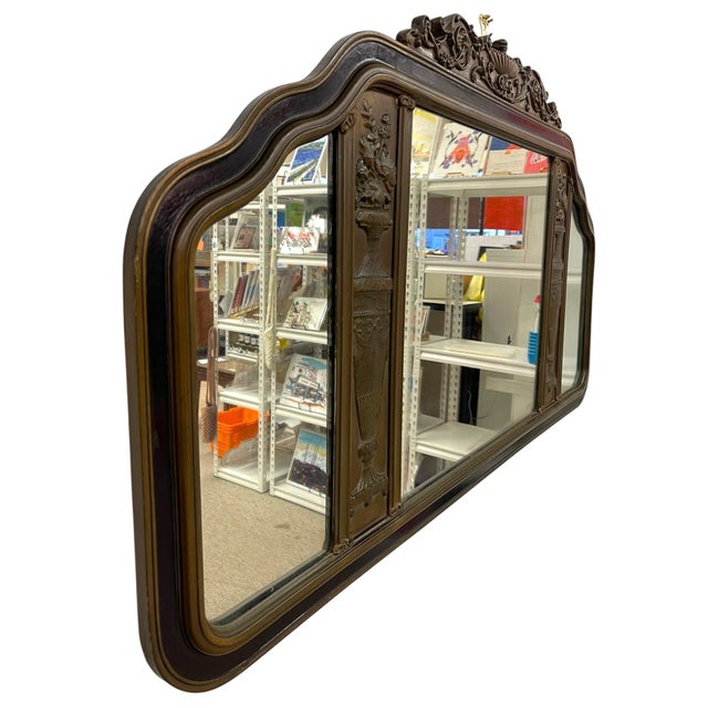 1970s Antique Carved Wood Overmantel Mirror With Floral Urn Motifs and Scrolled Crest. For Sale - Image 5 of 11