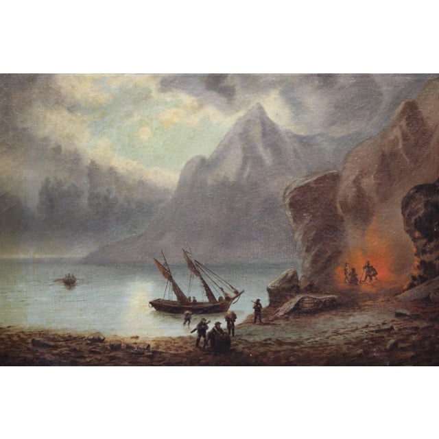 Beautiful 19th century portrait of pioneers on a shoreline setting up encampment Oil on canvas, no visible signature