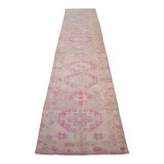 1960s Turkish Hand-Knotted Muted Runner Rug Low Pile Hallway Decor 3x12 Ft Approx For Sale