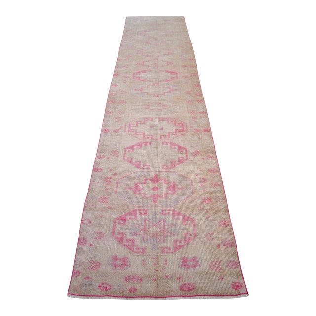 1960s Turkish Hand-Knotted Muted Runner Rug Low Pile Hallway Decor 3x12 Ft Approx For Sale
