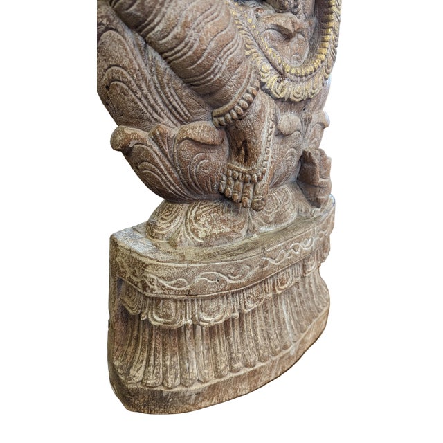 Wood Solid Wood Hand Carved 35 In. Tall Ganesha Statue in Distressed White Finish For Sale - Image 7 of 7
