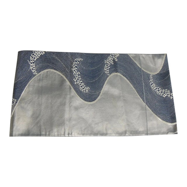 Vintage Silver and Blue Silk Obi For Sale