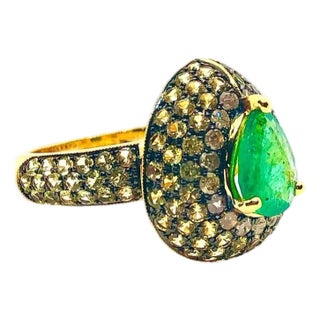 Bochic "Orient" Vintage Emerald & Fancy Yellow Sapphire Ring Set In 18K Gold & Silver, Size 6.5 For Sale
