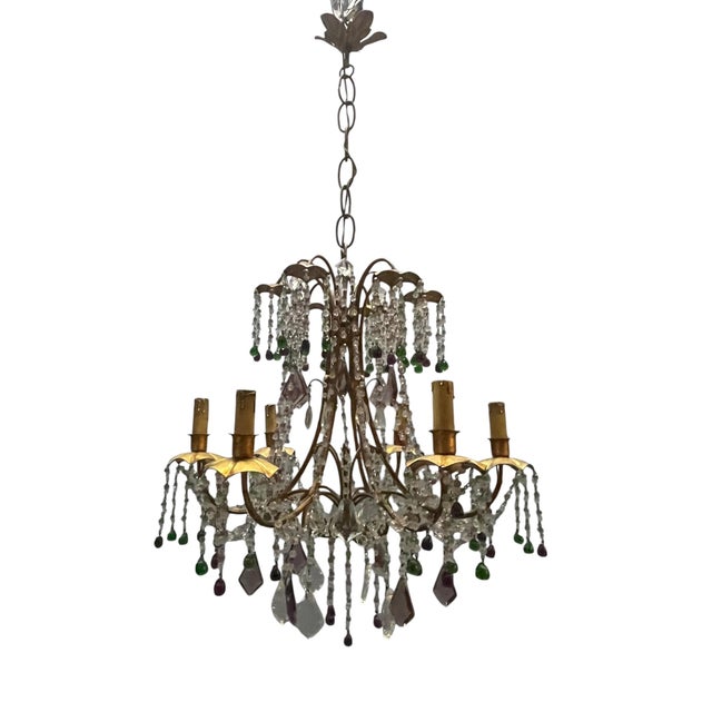 Italian Florentine Tole Gilt Murano Glass Beaded 6-Light Chandelier, 1950s For Sale - Image 17 of 17