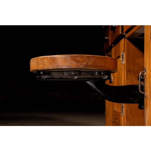 Early 20th Century Walnut Industrial Workbench With Swing-Out Stools For Sale - Image 17 of 18