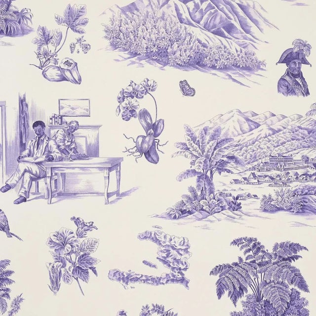 Schumacher x Victor Glemaud Toussaint Toile Wallpaper in Purple on Cream - Sample For Sale