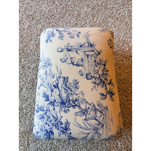 Shabby Chic Vintage Wrought Iron Foot Rest / Ottoman With Blue Toile Upholstery For Sale - Image 3 of 11