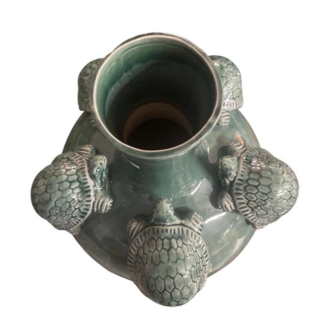 Coastal Whimsical Sage Green Glazed Celadon "Turtle" Vase For Sale - Image 3 of 8