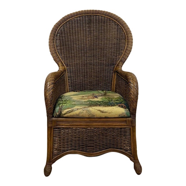 Coastal Wicker Rattan Chair Vintage Beach Scene Cushion Boho Accent Outdoor For Sale