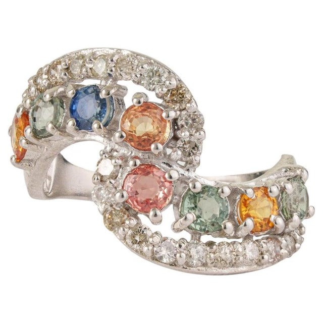 925 Sterling Silver Open Wrap Ring With Multi-Sapphires & Diamonds, Size 6 For Sale - Image 11 of 15