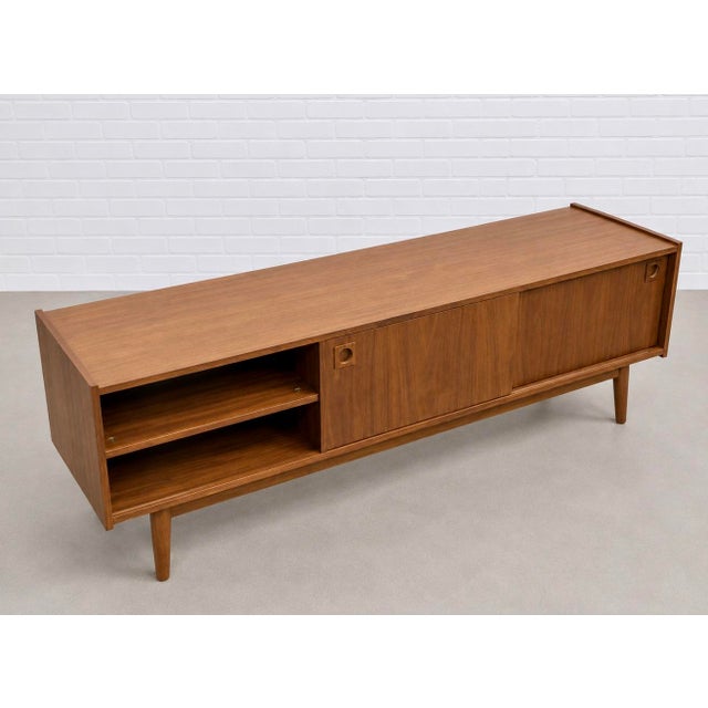 Modern Walnut Credenza / Media Console | Minimalist Sliding Door Sideboard For Sale - Image 9 of 10