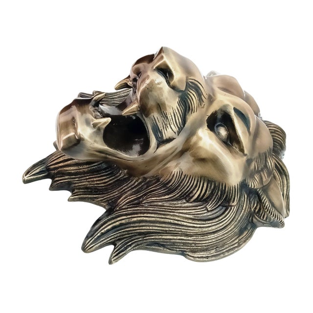 Metal Antique Brass Finish Metal Lion Head Wall Sculptures For Sale - Image 7 of 9