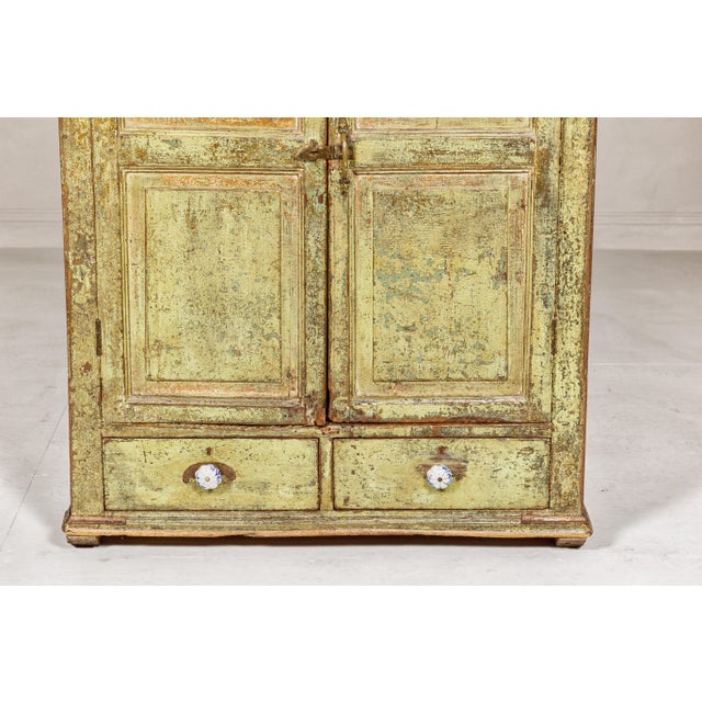 Distressed Green Painted Indian Cabinet with Paneled Doors and Two Drawers For Sale - Image 9 of 12