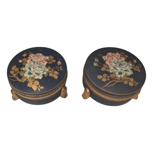 Late 19th Century Pair of Japanese Meiji Period Black-Ground Satsuma Footed Dresser Boxes, Signed For Sale
