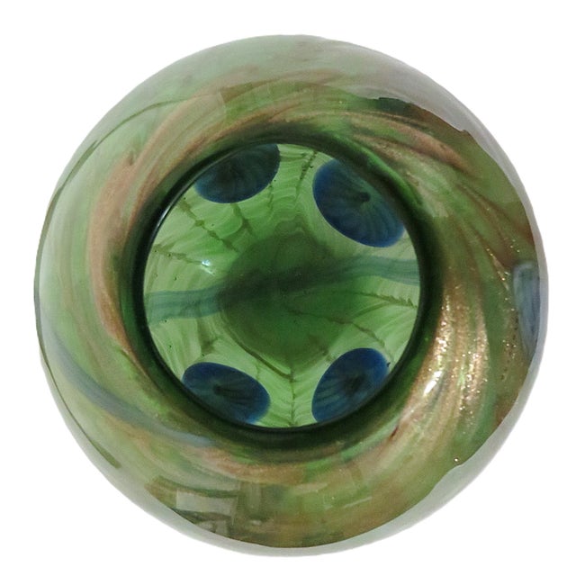 Green 11 1/2" Millefiore Italian Murano Glass Vase With Gold Flecks For Sale - Image 8 of 10