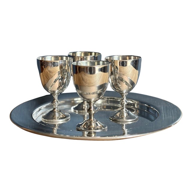 Vintage Fb Rogers Italian Silverplate 4 Cordial Goblets With Tray - 5 pcs For Sale