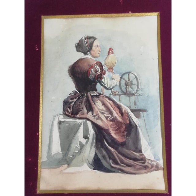 Woman Working at the Spinning Wheel, 1800s, Watercolour For Sale - Image 7 of 14