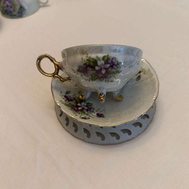 Vintage Iridescent Porcelain Teacup and Saucer With Violets and Gold Trim. For Sale - Image 9 of 12