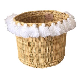 Moroccan White Tassel Large Basket For Sale