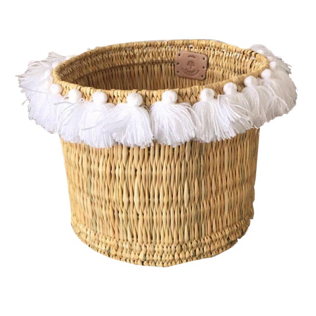 Moroccan White Tassel Large Basket For Sale