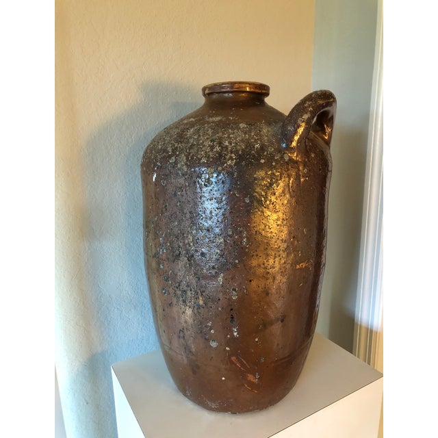 Monumental Antique Primitive Brown Stoneware Jug With Handle For Sale In Tampa - Image 6 of 8