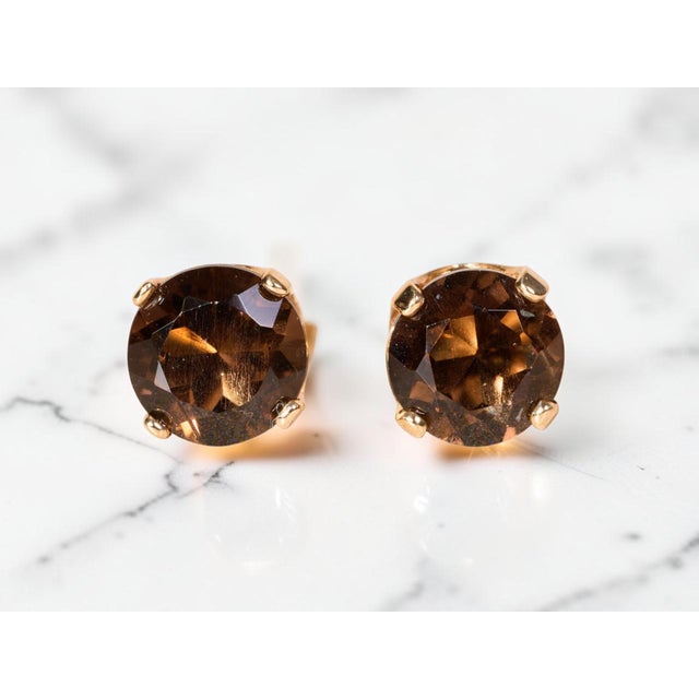The Fairbanks Ranch: 14K Gold Smokey Quartz Stud Earrings, 2 Pieces For Sale In Philadelphia - Image 6 of 6