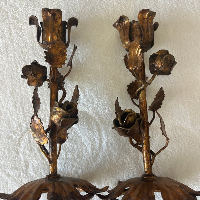Antique Italian Gilded Tole Candlesticks For Sale - Image 6 of 8