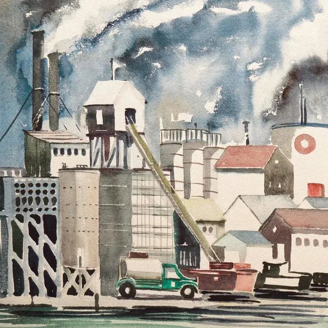 Signed lower left, "Wesley Wright", and painted circa 1960. A substantial, mid-century watercolor view of an industrial...