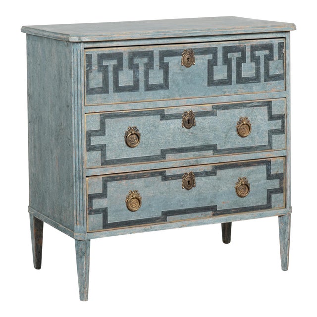 19th Century Swedish Gustavian Blue Chest of Three Drawers With Greek Key Design For Sale