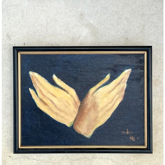 Adorn your walls with this captivating vintage original oil painting, featuring a striking depiction of hands that exudes...