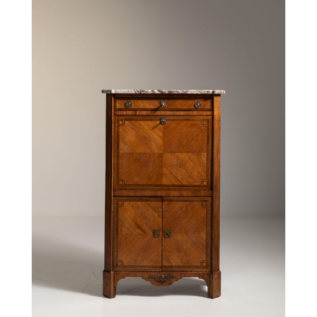 Wood 19th Century French Amber Louis XVI Secretary Cabinet with Marble Top For Sale - Image 7 of 15