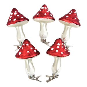 Vintage Hand Blown Glass Mushroom Christmas Ornaments Clip-on - Set of 5