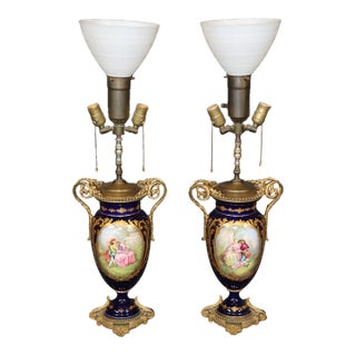 Antique Turn of the Century Blue Sevres Vase Table Lamps - Pair For Sale