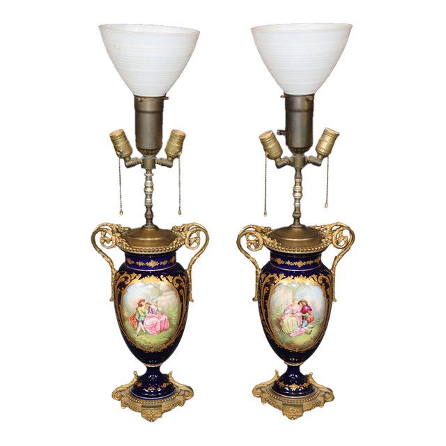 Antique Turn of the Century Blue Sevres Vase Table Lamps - Pair For Sale