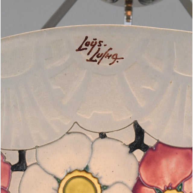 Loys Lucha French Art Deco Pendant Light 1930s - Enameled Pink Floral Bowl For Sale - Image 10 of 13